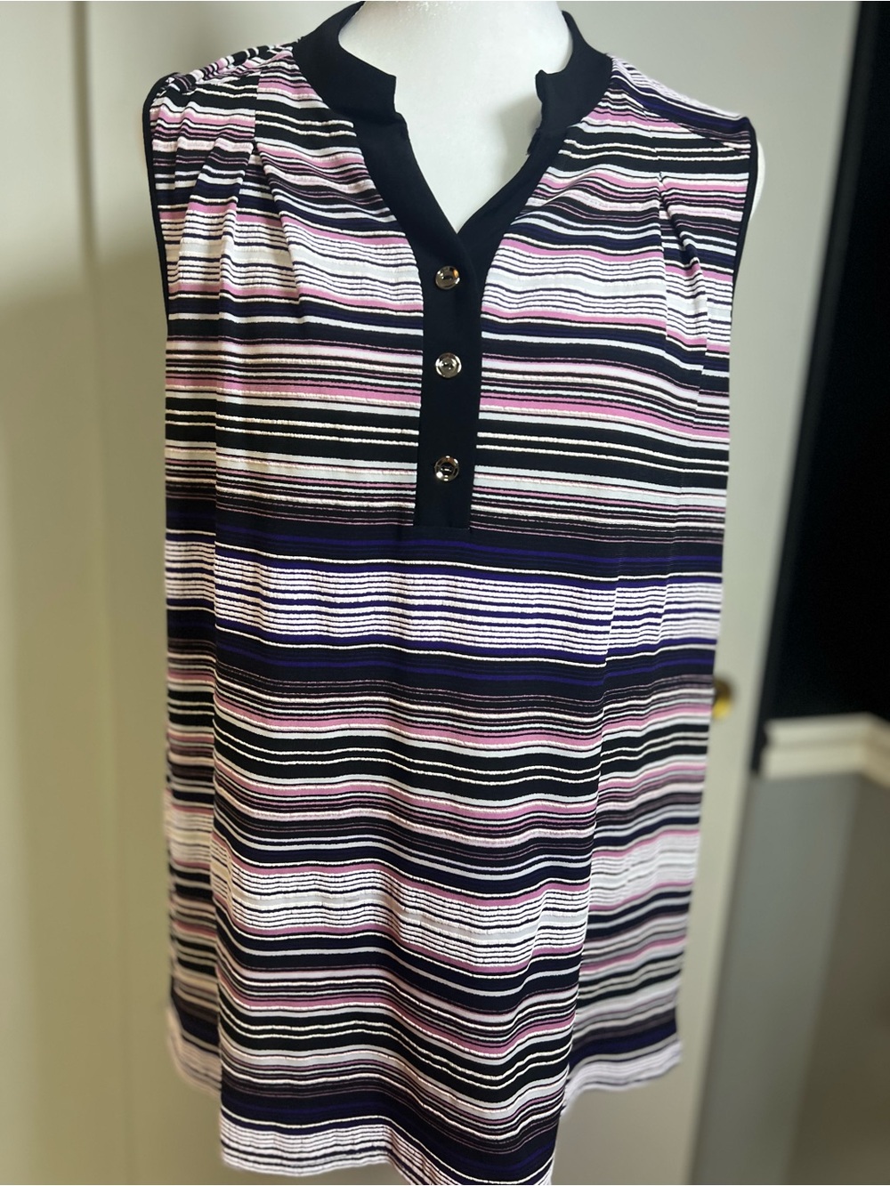 Striped Sleeveless Tank Top in Black, White & Pink